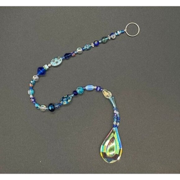 Beaded Suncatcher - Blue - Clear Crystal Prism - Indoor Outdoor Hanging Decor - Picture 2 of 14